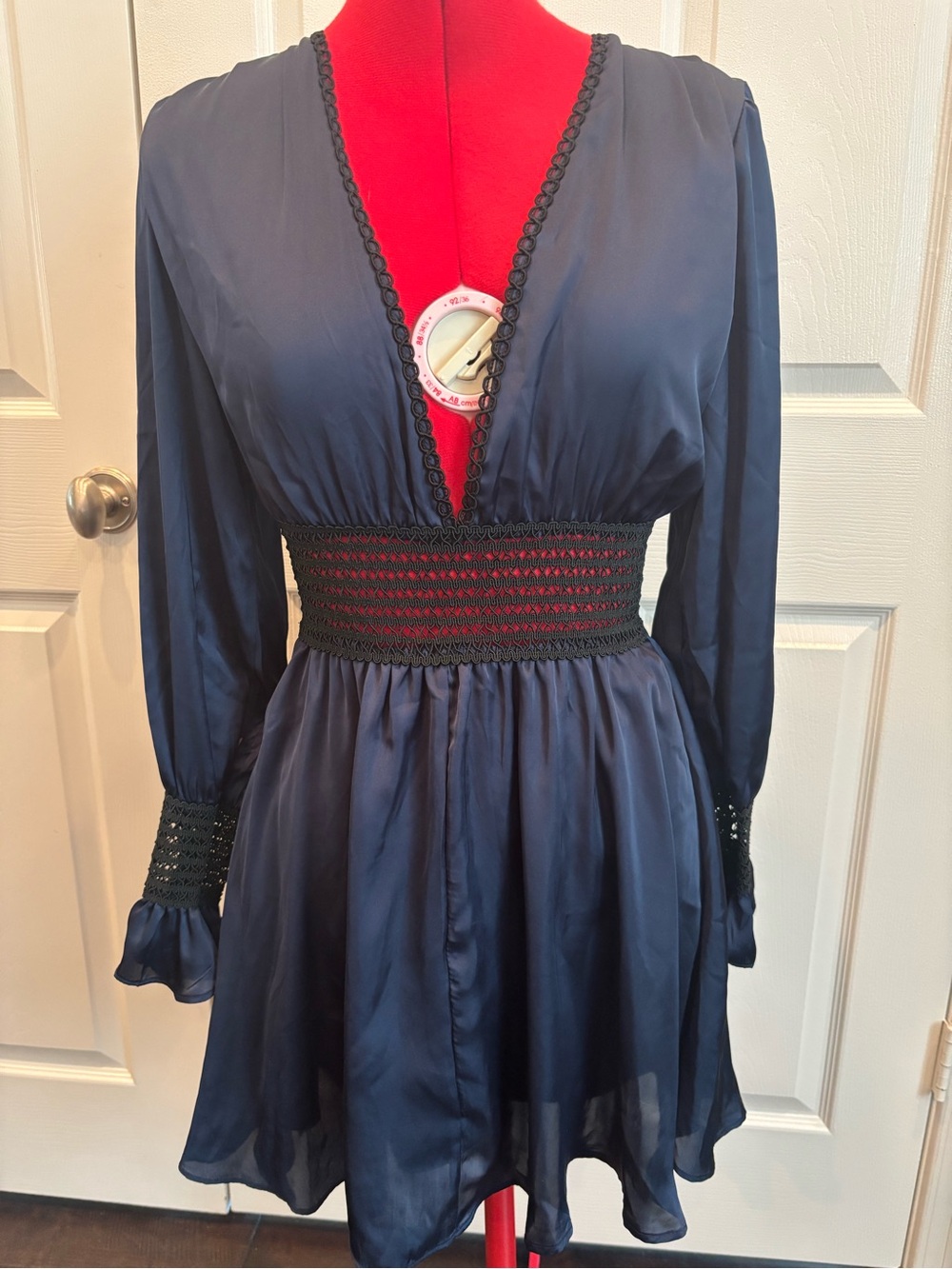 HAODUOYI Navy Blue Long Sleeve V-Neck Waist Detail Dress